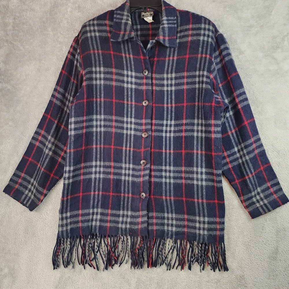 Southern Lady Jacket Womens Medium Blue Plaid‎ Fringe Hem Button Front Flannel